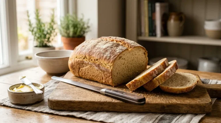 Gluten free bread loaf sliced to show soft crumb