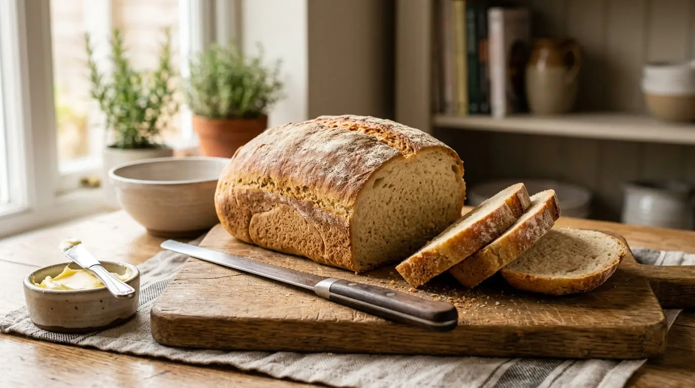 Gluten free bread loaf sliced to show soft crumb