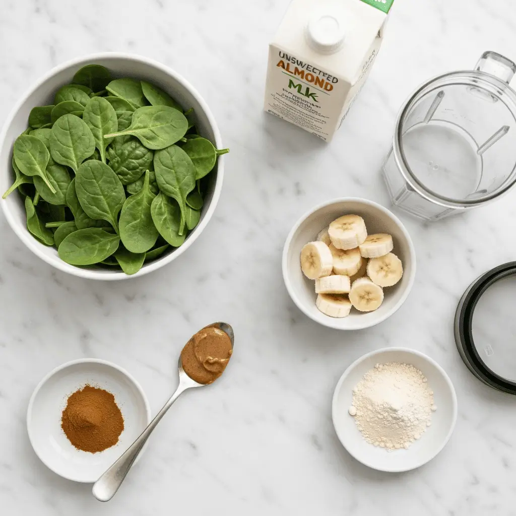 “Green Glow smoothie ingredients: spinach, almond milk, banana, almond butter, cinnamon, and protein”