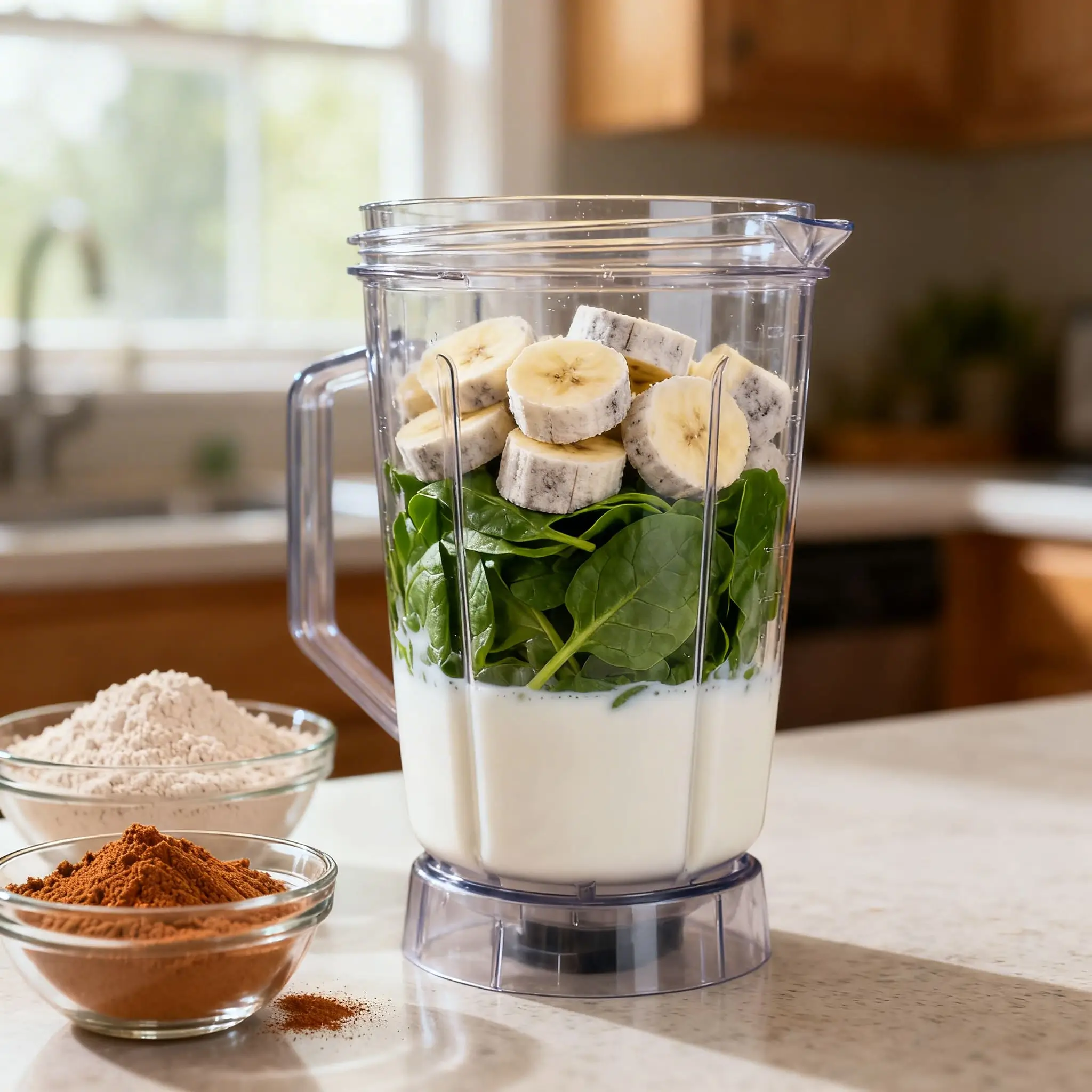 “How to layer a blender for smoothie breakfast ideas: liquid first, then greens and frozen fruit”
