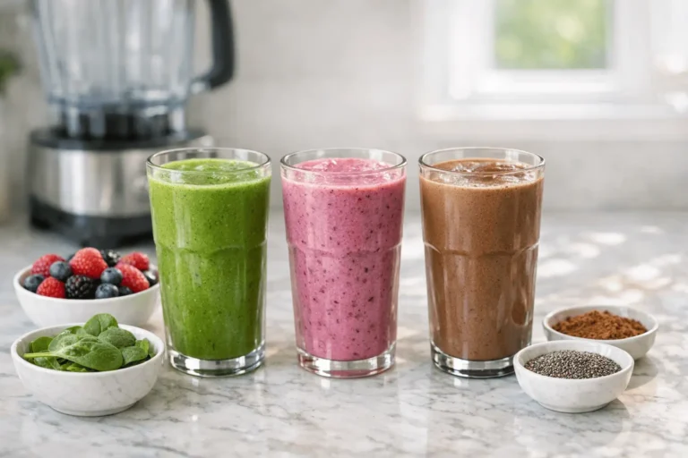 “Smoothie breakfast ideas for weight loss with green, berry, and chocolate high-protein smoothies”