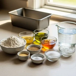Measured ingredients for gluten free bread in bowls