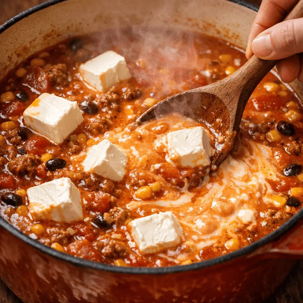 Close-up action shot of a hand stirring creamy taco soup with a wooden spoon as white cream cheese cubes melt into the rich red-orange broth, showing a contrast between melted creamy sections and partially intact white cubes with gentle steam rising.
