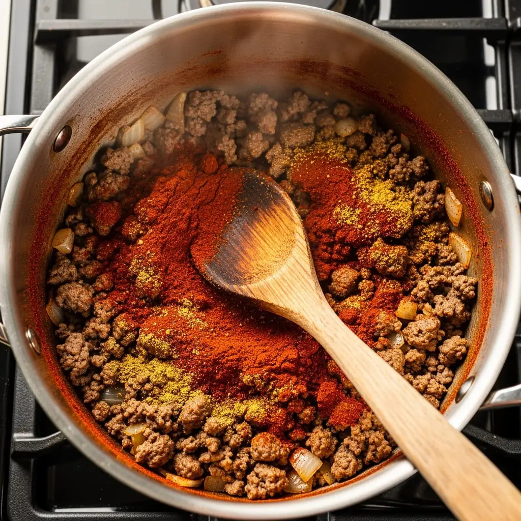 Overhead close-up looking down into a Dutch oven showing browned ground beef and softened onions coated with a vibrant layer of red-brown chili powder, golden cumin, and smoked paprika spices, with a wooden spoon resting inside and subtle steam rising.