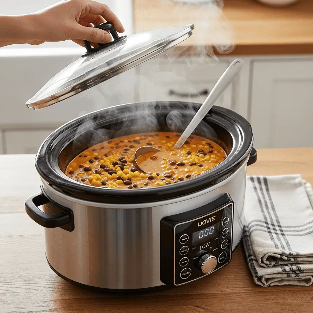 A modern oval slow cooker on a kitchen countertop with the glass lid slightly lifted by a hand, revealing a full batch of creamy taco soup with visible black beans and corn in a rich creamy broth, with steam billowing out and a ladle resting inside, the digital display showing a low setting.