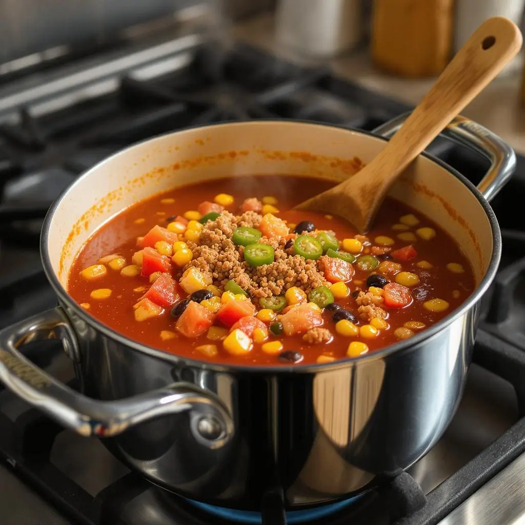 A stainless steel Dutch oven on a stovetop filled with a colorful simmering mixture of red tomato broth, diced tomatoes with green chili pieces, plump black beans, bright yellow corn kernels, and browned ground beef, with tiny bubbles on the surface and a wooden spoon leaning inside.