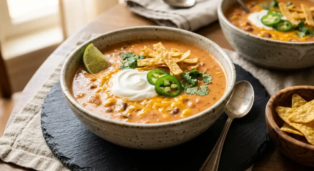 A beautifully styled wide ceramic bowl of finished creamy taco soup with a smooth coral-orange color, topped with a swirl of sour cream, shredded cheddar cheese, green jalapeño slices, golden tortilla strips, fresh cilantro leaves, and a lime wedge on the rim, served on a dark slate plate with a cloth napkin.