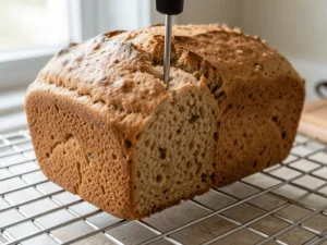 Trmometer check for glutenhe free bread doneness on rack