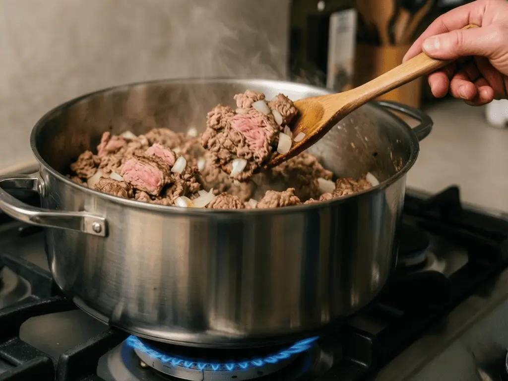 Close-up of a stainless steel Dutch oven on a gas stovetop with ground beef being broken apart with a wooden spoon, partially browned with diced onion pieces mixed in and steam rising from the surface.