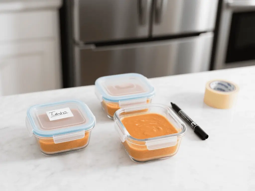 Top-down view of four clear glass meal-prep containers on a white marble countertop, two with lids open and filled with portions of creamy taco soup in a creamy orange color, one closed container with a handwritten date label, with a stainless steel refrigerator slightly open in the blurred background and a roll of tape and marker nearby.