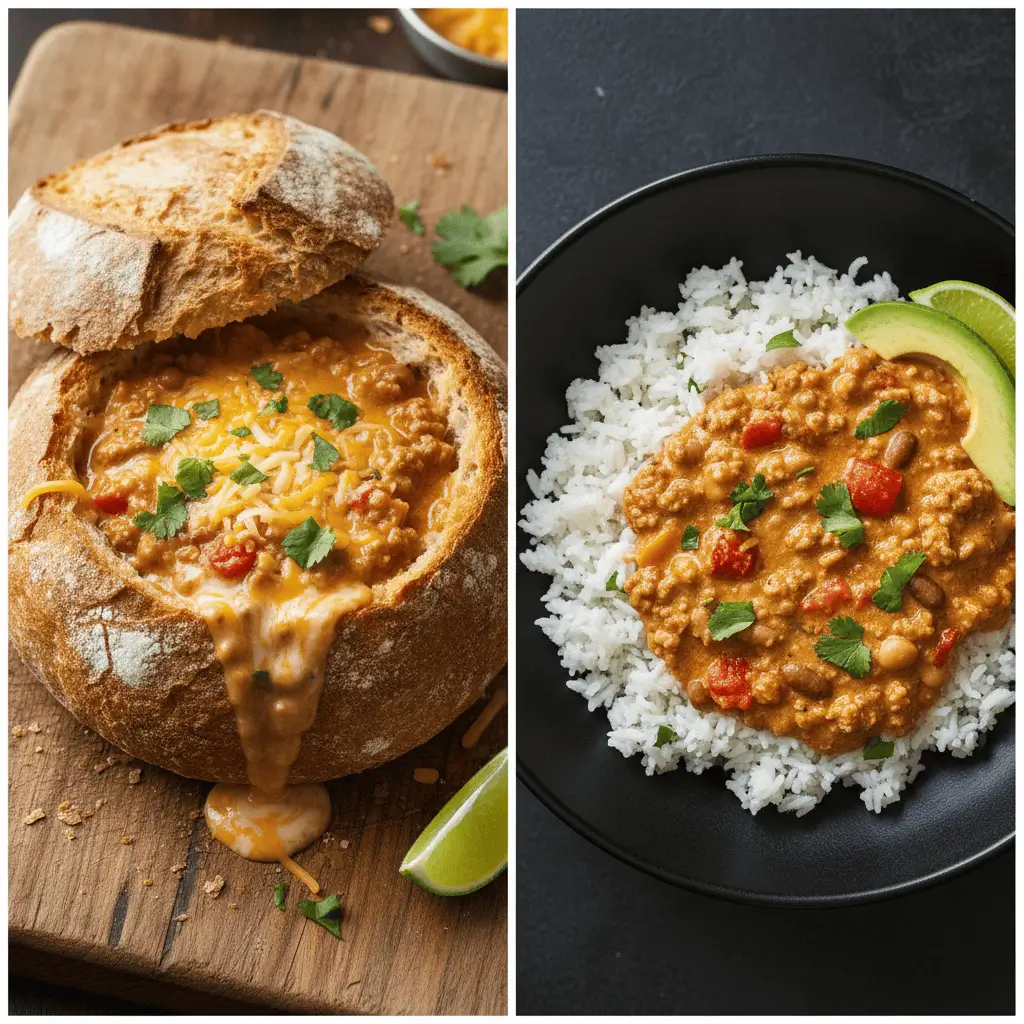 Split-image showing two serving styles for creamy taco soup: on the left, the soup served inside a hollowed-out sourdough bread bowl on a wooden cutting board topped with cheese and cilantro; on the right, the soup spooned over fluffy cilantro-lime rice in a black stoneware bowl garnished with a lime wedge and avocado slices.