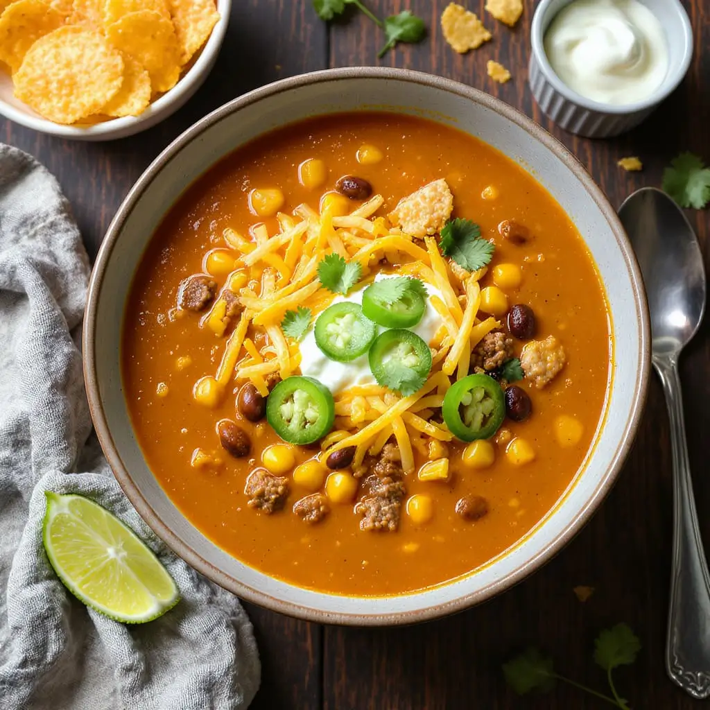 A large rustic ceramic bowl filled with creamy taco soup topped with sour cream, shredded cheddar cheese, sliced jalapeños, crushed tortilla chips, fresh cilantro, and a lime wedge, served on a dark wooden farmhouse table with a linen napkin and vintage spoon.