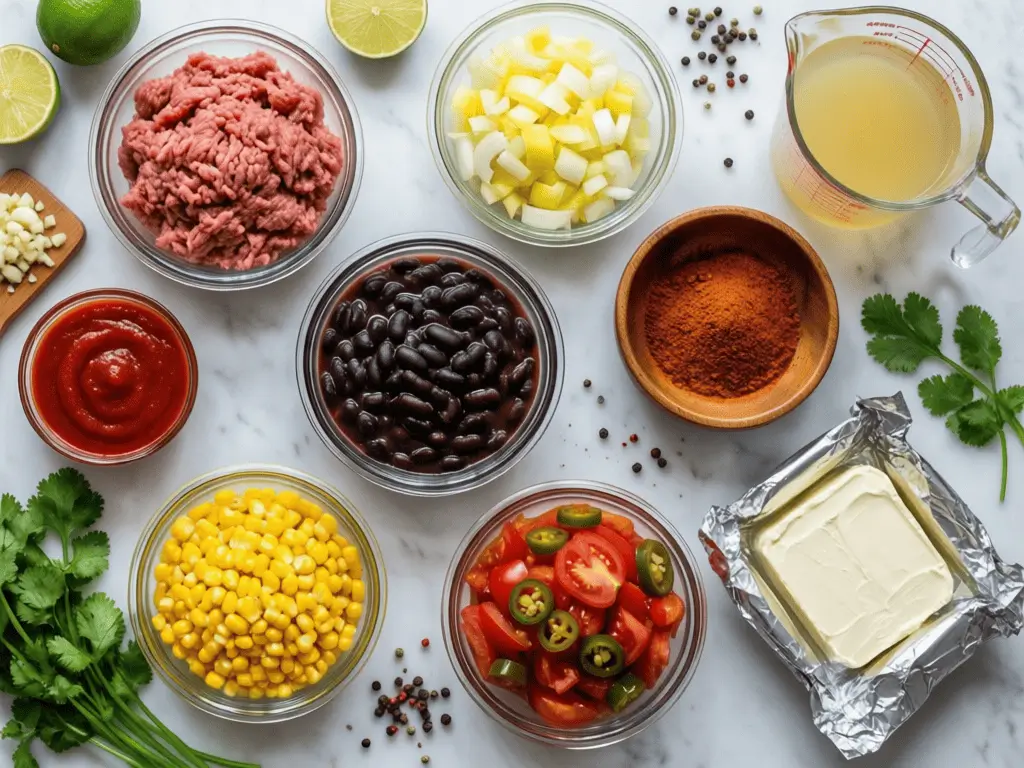 Overhead flat-lay of all creamy taco soup ingredients arranged in small glass prep bowls on a light marble countertop, including ground beef, diced onion, minced garlic, black beans, corn, diced tomatoes with green chilies, tomato sauce, cream cheese, a spice blend of cumin and paprika, and chicken broth, with scattered cilantro leaves and a halved lime.