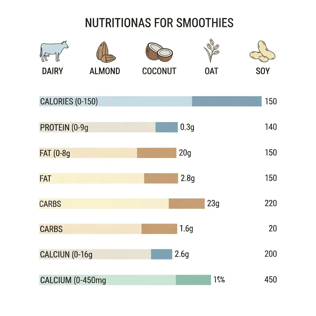 Nutritional comparison chart of dairy milk, almond milk, coconut milk, oat milk, and soy milk, showing calories, protein, fat, carbohydrates, and calcium