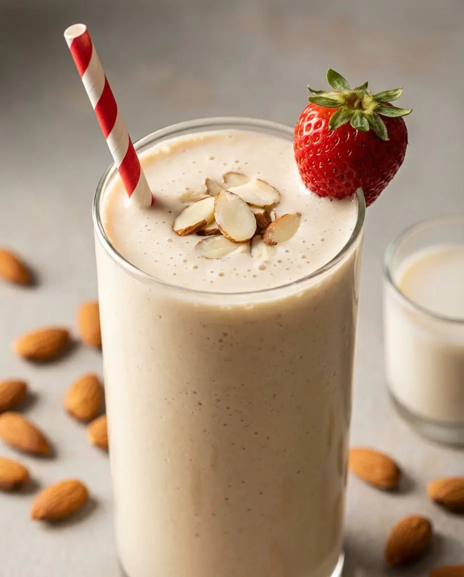 Creamy almond milk smoothie in a glass with sliced ​​almonds and strawberries for garnish, showing its smooth texture."