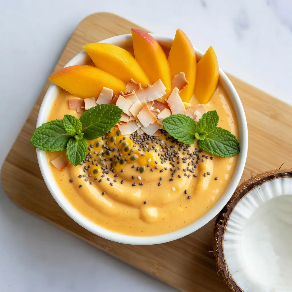 Tropical coconut milk smoothie bowl with fresh mango, toasted coconut, passion fruit, and chia seeds"