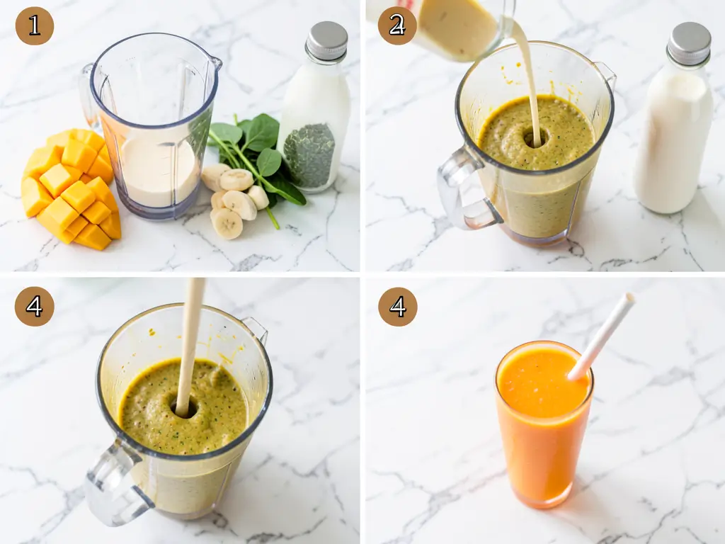   "Step-by-step smoothie preparation, showing how to prepare the ingredients, add almond milk, blend, and serve the final smoothie in a glass."
