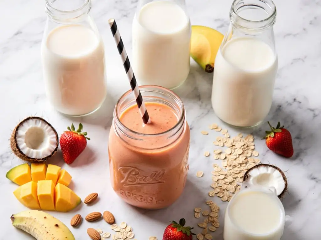 "Best milk for smoothies comparison showing almond milk, coconut milk, oat milk, dairy milk with tropical mango smoothie and fresh fruits"