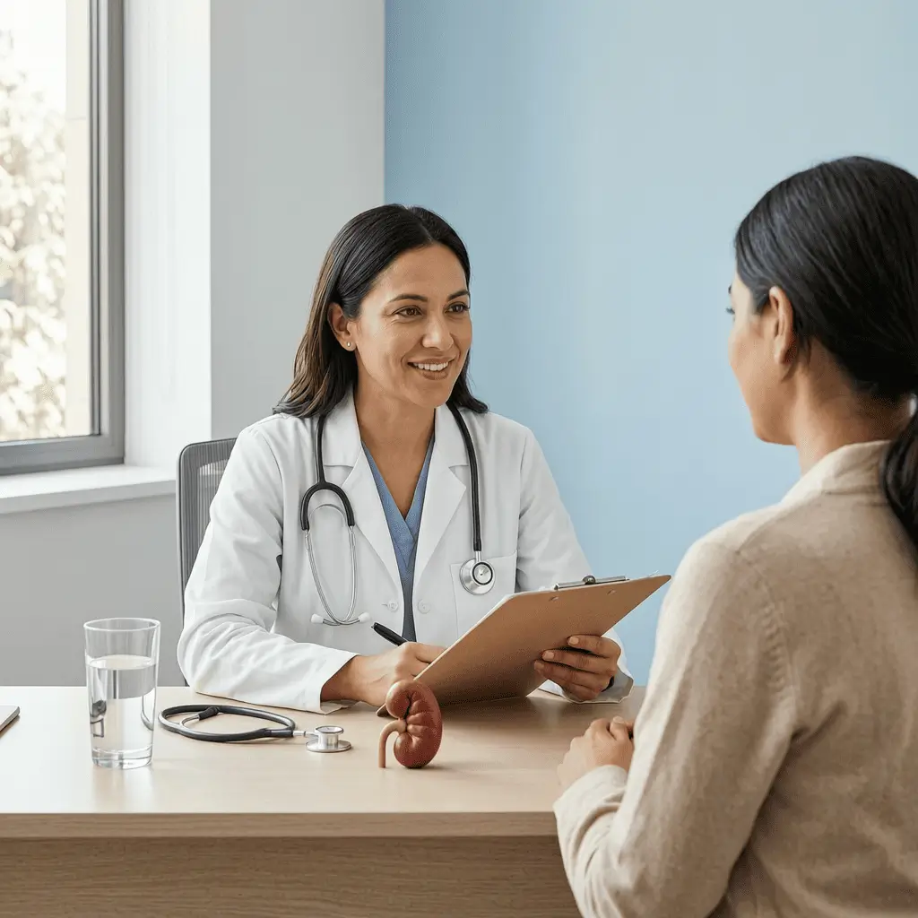 A doctor discussing diabetes insipidus diagnosis and 
treatment options with a patient in a modern clinical setting.
