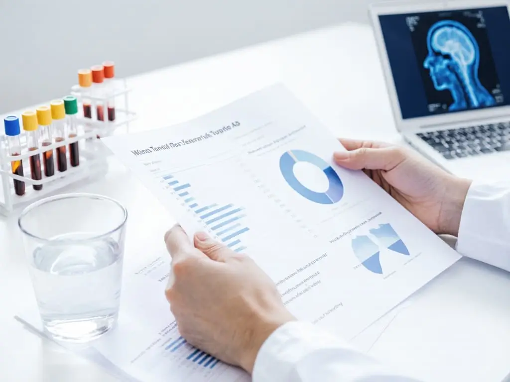 Close-up of a doctor reviewing lab results and 
diagnostic tools used to identify the type of diabetes insipidus, 
including urine samples, blood tests, and a brain MRI scan.