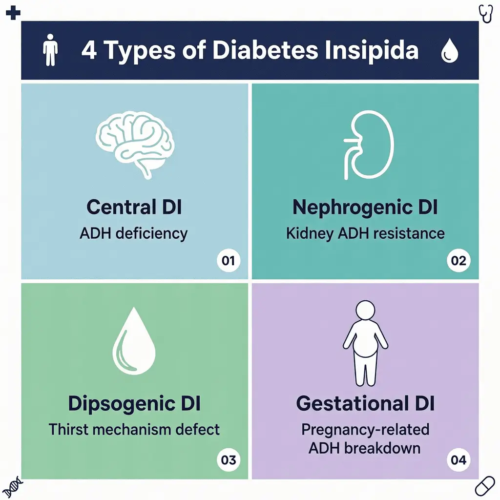  Infographic showing the four types of diabetes 
insipidus — Central, Nephrogenic, Dipsogenic, and Gestational 
— with causes and icons.