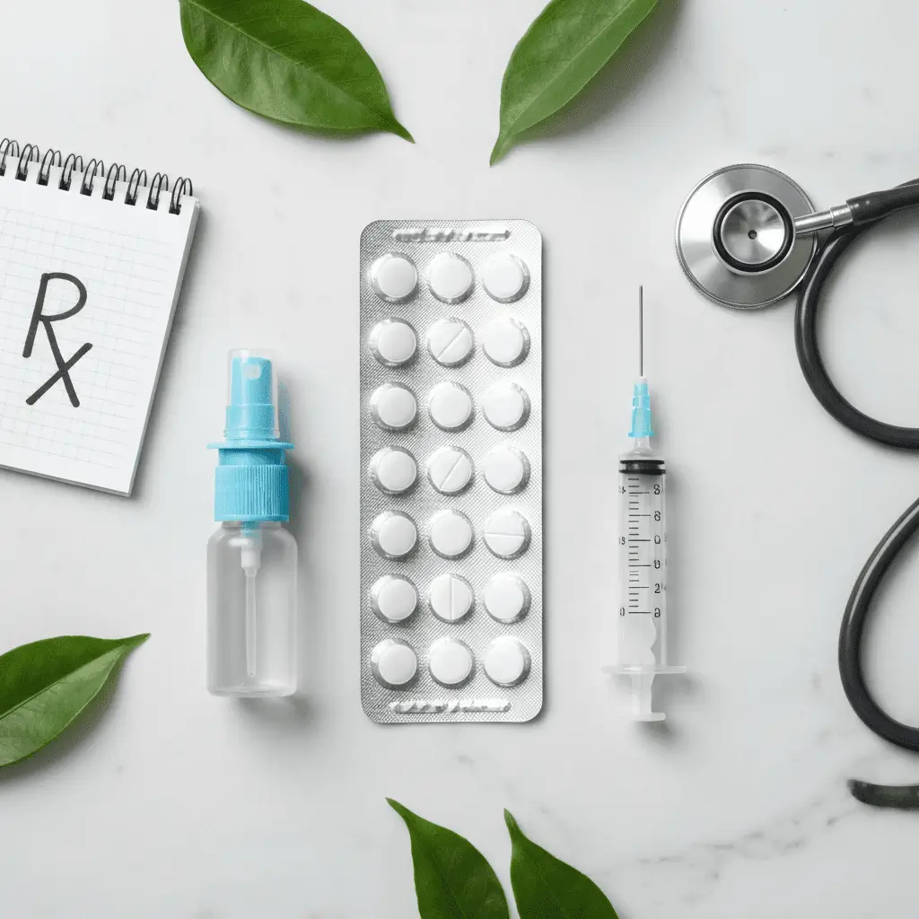 Flat-lay of diabetes insipidus treatment options 
including desmopressin tablets, nasal spray, and injection 
syringe on a white marble surface with a stethoscope and 
prescription notepad.