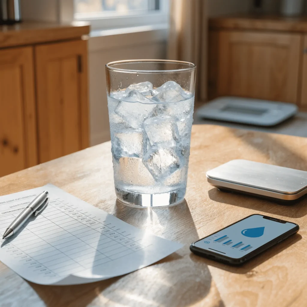 Home diabetes insipidus monitoring setup showing a 
glass of water, fluid intake diary, digital scale, and health 
tracking smartphone app on a kitchen countertop.