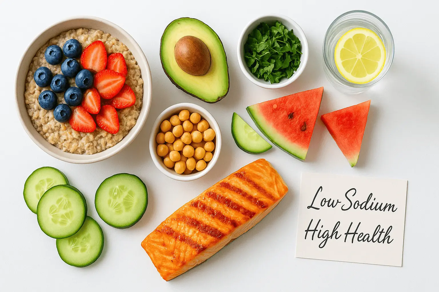  A vibrant flat-lay of diabetes insipidus-friendly foods 
including oatmeal with berries, avocado, chickpeas, grilled 
salmon, cucumber, and watermelon on a white surface.