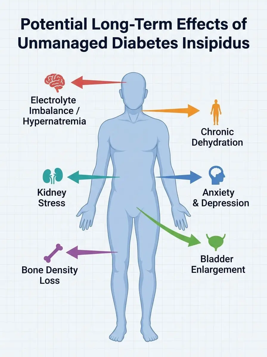 Medical infographic illustrating the six potential 
long-term health complications of unmanaged diabetes 
insipidus including dehydration, kidney stress, bone density 
loss, and mental health effects.