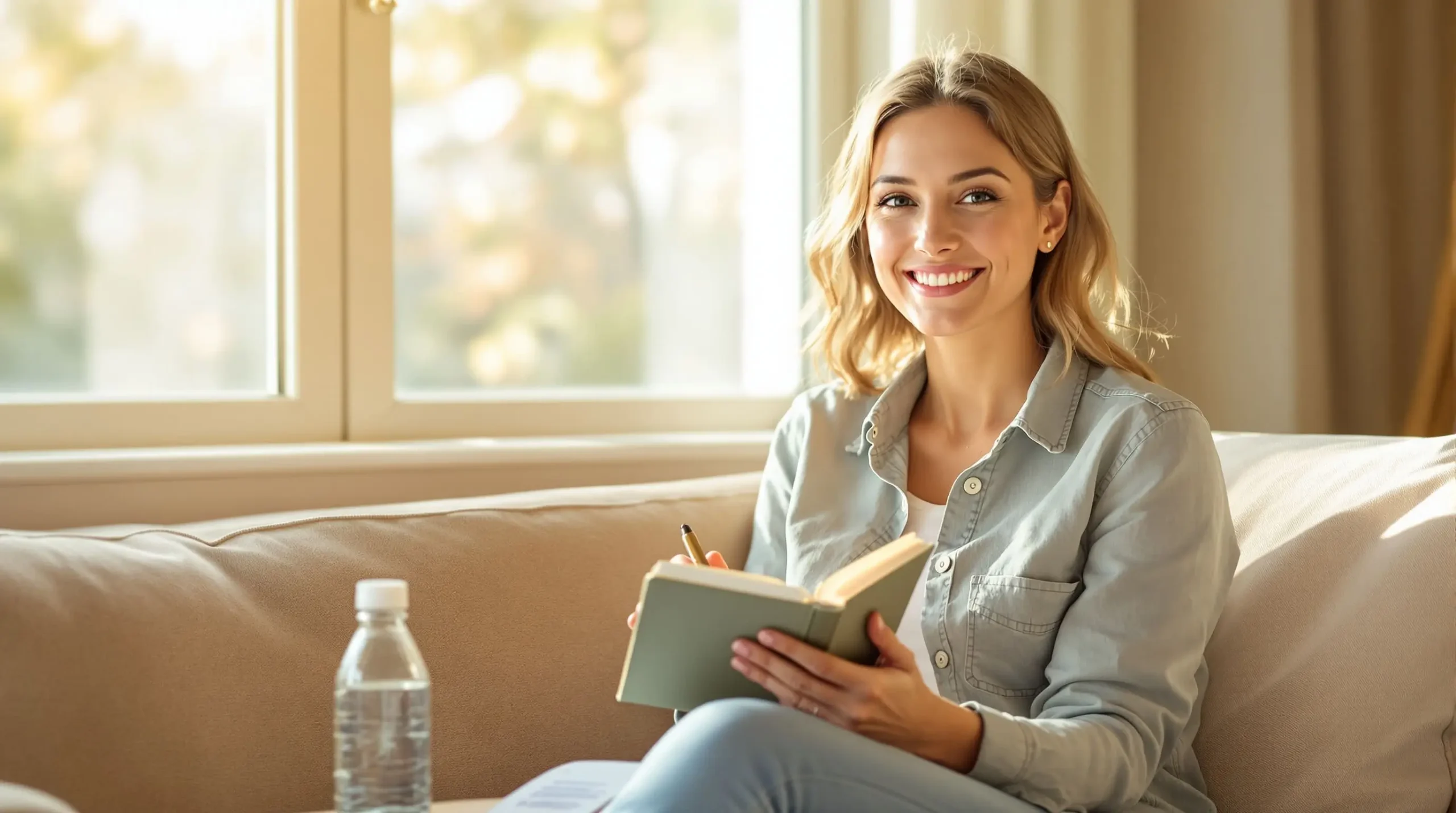 A confident, smiling woman holding a question 
notebook and water bottle in a sunlit room, representing an 
empowered diabetes insipidus patient prepared for a doctor's 
appointment.