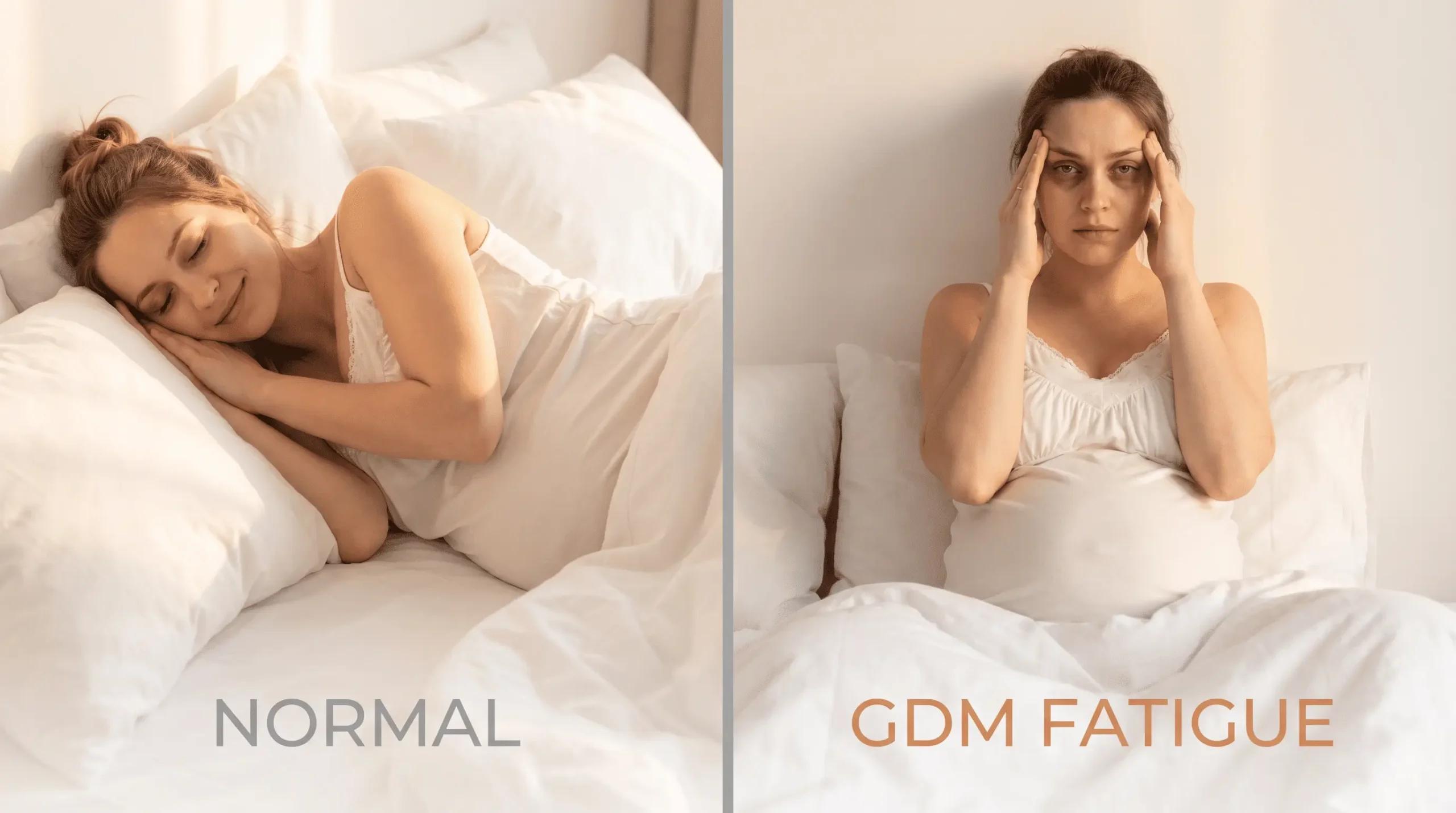 Split image comparing normal pregnancy fatigue where rest helps versus gestational diabetes fatigue that persists even after sleeping