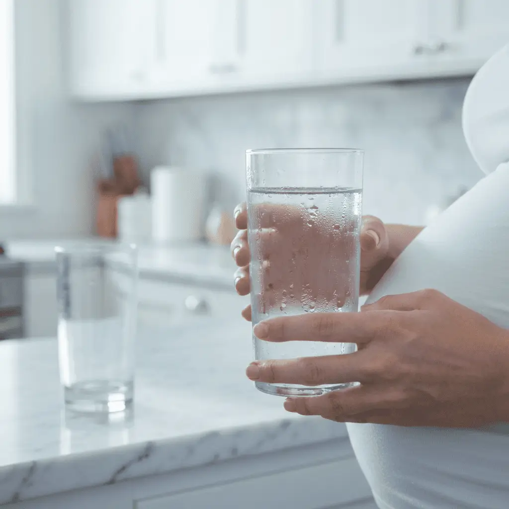 Pregnant woman holding a large glass of water, representing excessive thirst as a warning sign of gestational diabetes symptoms