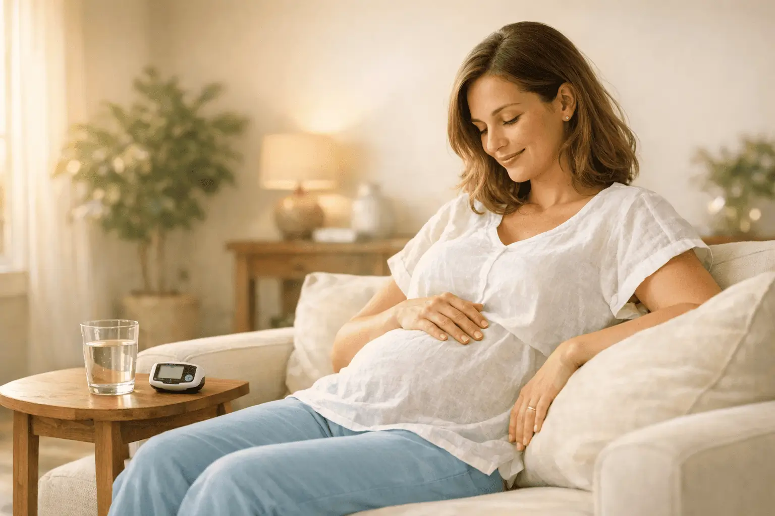 Pregnant woman sitting on a couch with a blood glucose monitor and glass of water beside her, representing gestational diabetes awareness