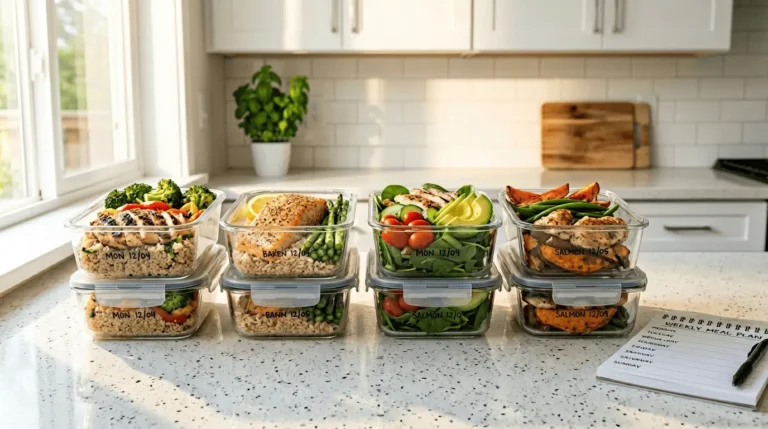 Weekly healthy meal prep containers arranged neatly on a kitchen counter with chicken, salmon, quinoa, and vegetables.