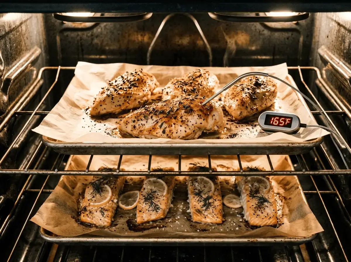 Chicken breasts and salmon baking in oven with thermometer reading 165 degrees.
