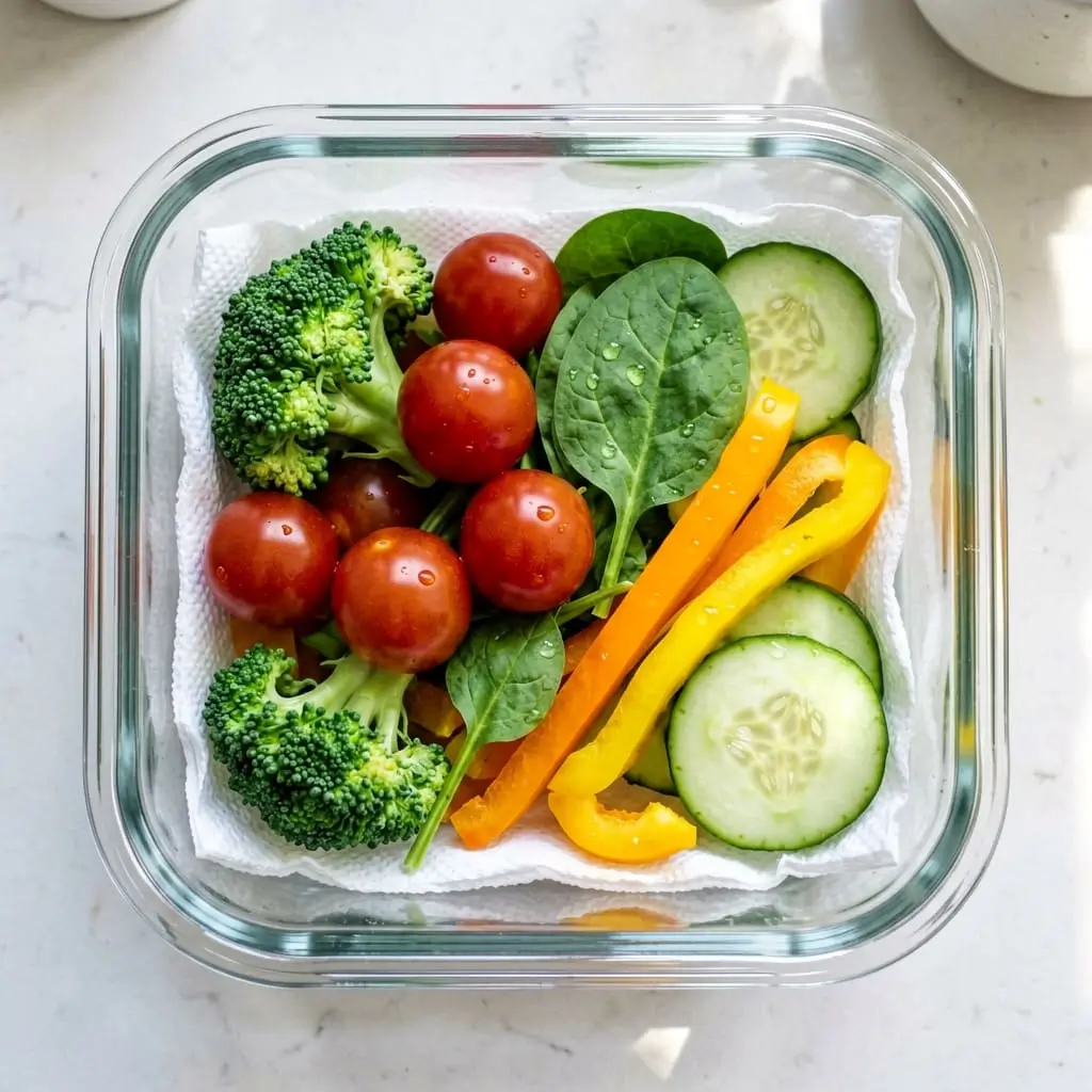 Glass containers filled with fresh chopped vegetables lined with paper towels.