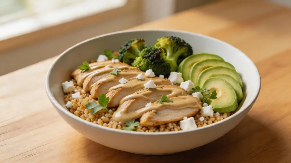 Mediterranean chicken quinoa bowl with avocado and roasted broccoli.