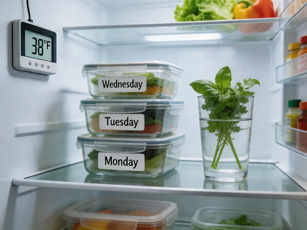 Organized refrigerator with labeled glass meal prep containers and thermometer.