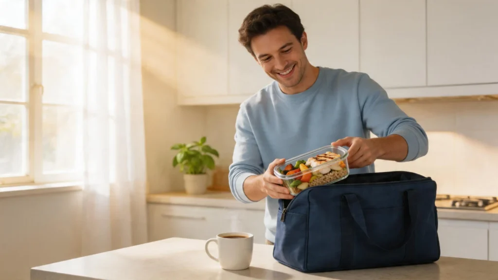Person packing healthy meal prep container into work bag in bright kitchen.