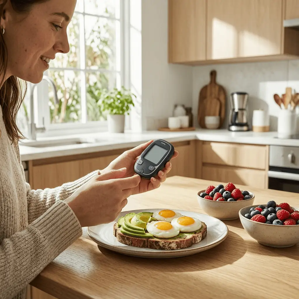 person checking glucose monitor with healthy breakfast type 1 diabetes