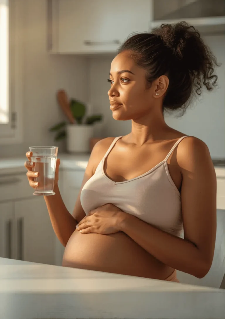Pregnant woman sitting at a bright kitchen table looking calm after learning about gestational diabetes
