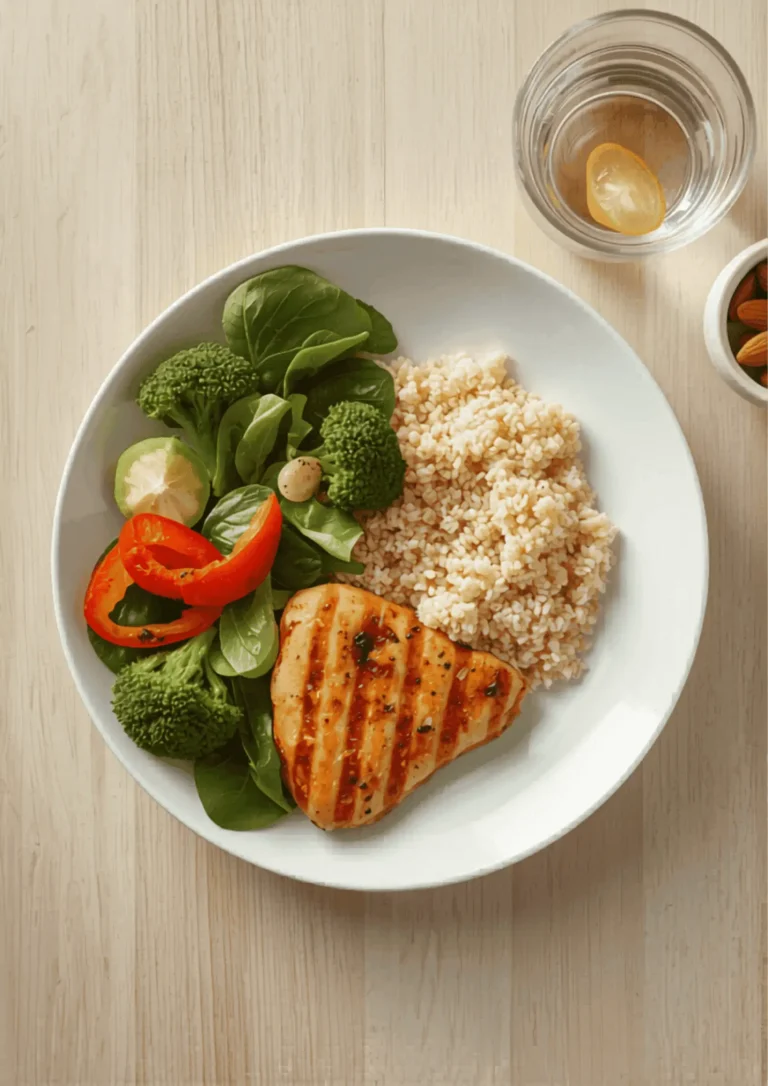  Overhead view of a balanced gestational diabetes-friendly meal plate with vegetables, lean protein,  and whole grains
