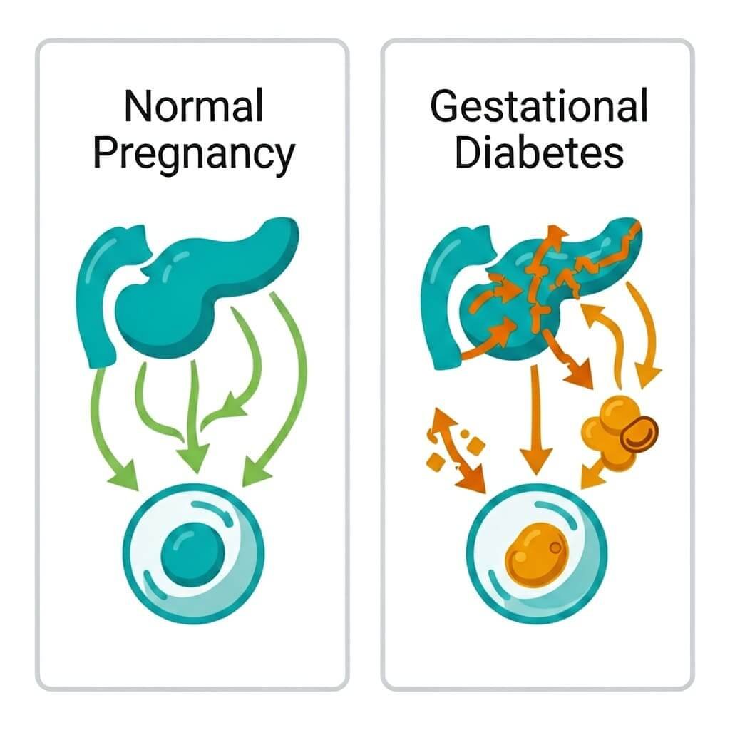 Infographic comparing normal insulin flow during pregnancy versus insulin resistance in gestational diabetes