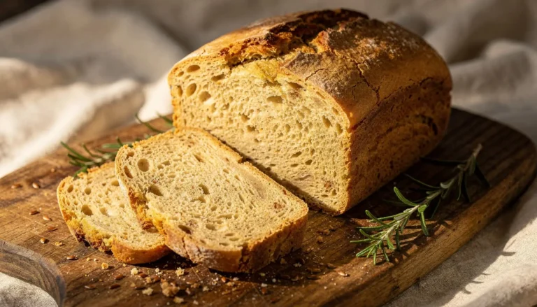 Freshly baked gluten-free bread loaf sliced on a wooden cutting board with rosemary and flaxseeds