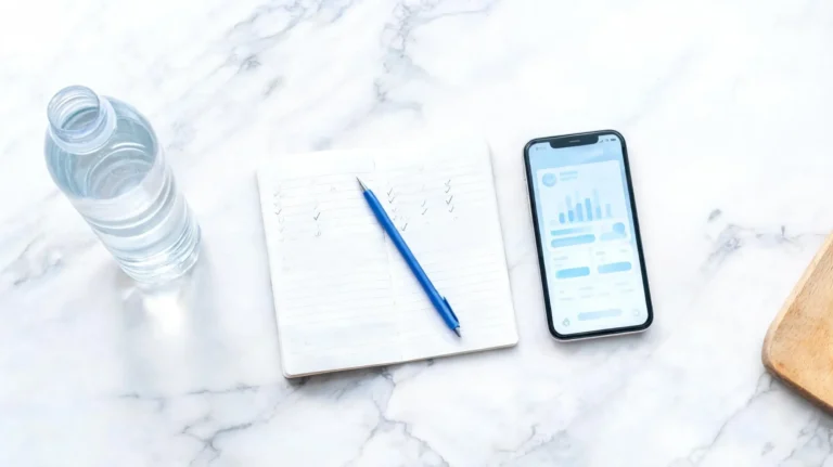 A flat lay photo of a water bottle, fluid tracking notebook with pen, and smartphone on a clean white surface