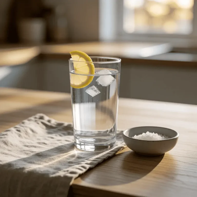 A tall clear glass of ice water with a lemon slice on a light wooden countertop beside a small bowl of sea salt in warm morning light