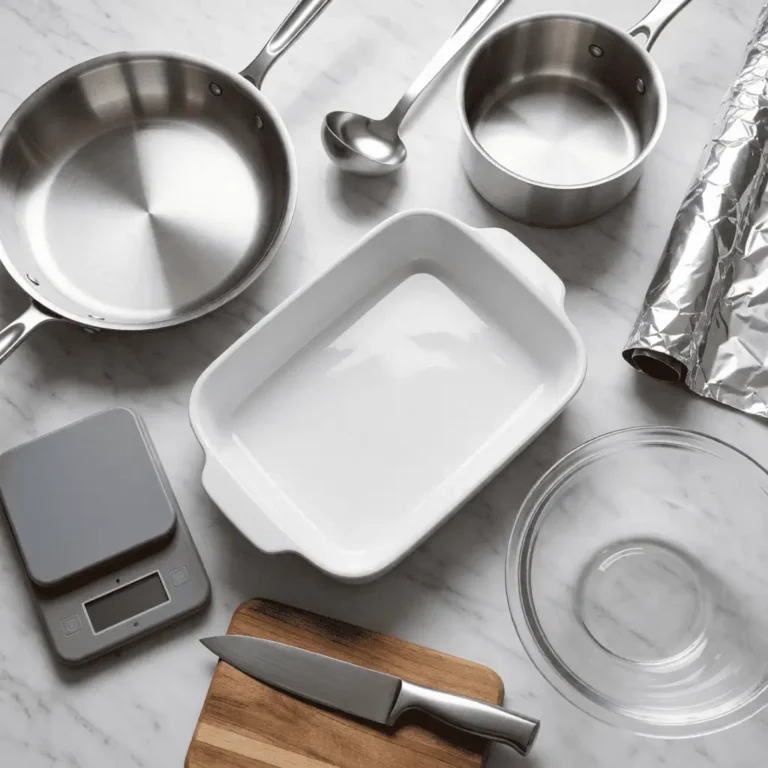 Overhead flat lay of kitchen equipment needed for gluten free lasagna including a white baking dish, stainless steel skillet, saucepan, digital food scale, glass mixing bowl, chef's knife on cutting board, aluminum foil, and ladle arranged on a marble countertop