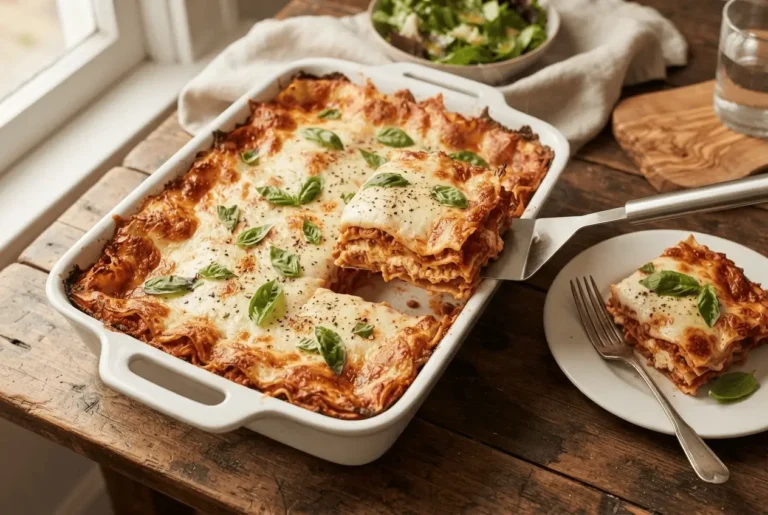 Freshly baked gluten free lasagna in a white ceramic baking dish with golden bubbly cheese on top, one portion cut and lifted showing layers of gluten free noodles, meat sauce, and ricotta cheese, served on a rustic wooden table with fresh basil garnish
