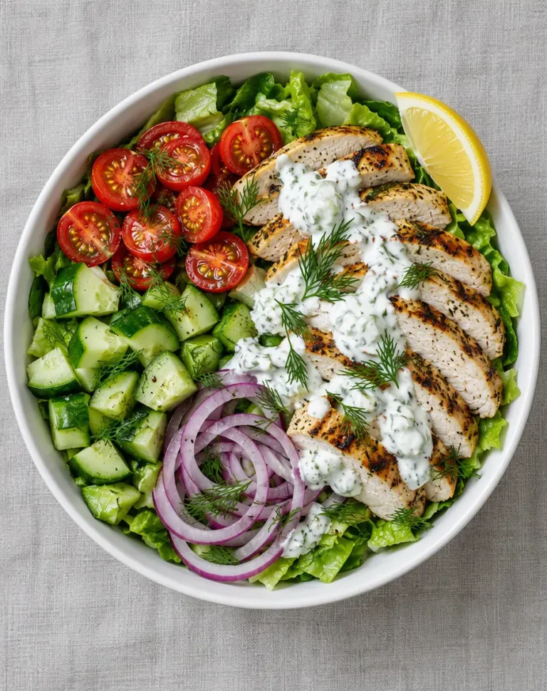 Overhead view of a Greek chicken protein bowl with
grilled chicken, romaine, cherry tomatoes, cucumber, and tzatziki
in a white ceramic bowl.