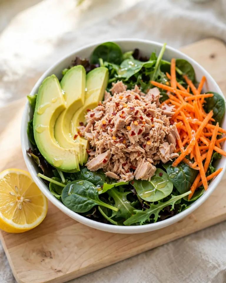 Angled view of a tuna and avocado power bowl with
flaked tuna, sliced avocado, baby spinach, and shredded carrots
in a white shallow bowl.